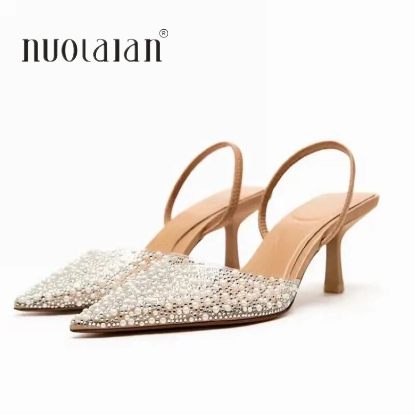 2025 Fashion Summer Women High Heels – Pearl Decoration Slingback Woman Pumps, Pointed Toe High Heels Sandals, Elegant Woman Shoes