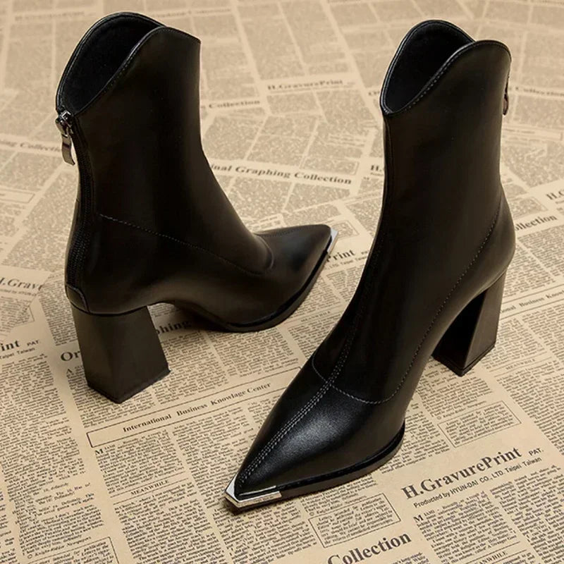 2025 Winter High Heels Women’s Luxury Chunky Ankle Chelsea Boots - Pointed Toe Zipper Goth Pumps