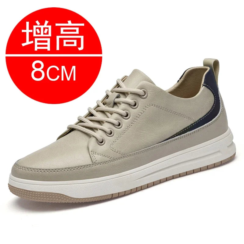 Men's Leather Elevator Shoes – Casual Sneakers with 6cm-8cm Heightening Insoles for Added Comfort