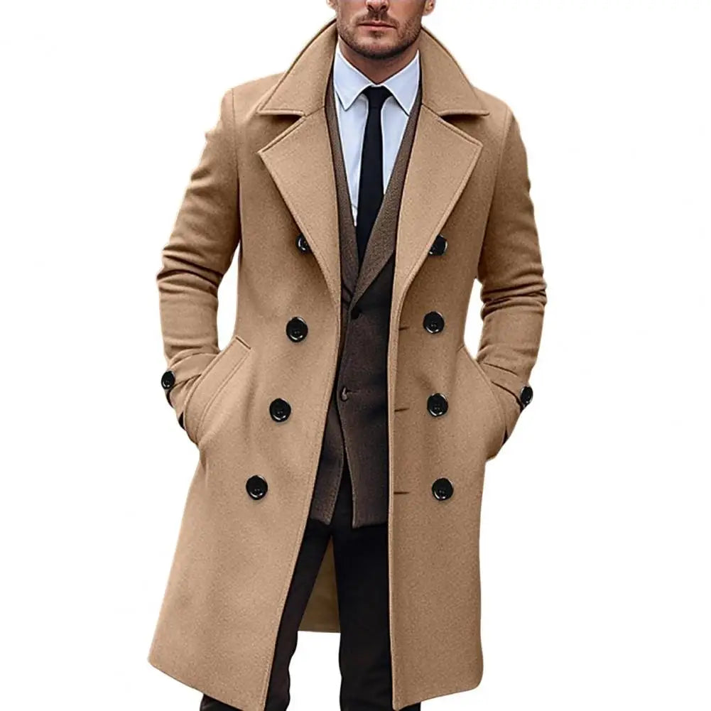 Men's Long Woolen Coat – Lapel Long Sleeve Solid Color Windbreaker with Pockets, Double Breasted Mid-Length Outwear