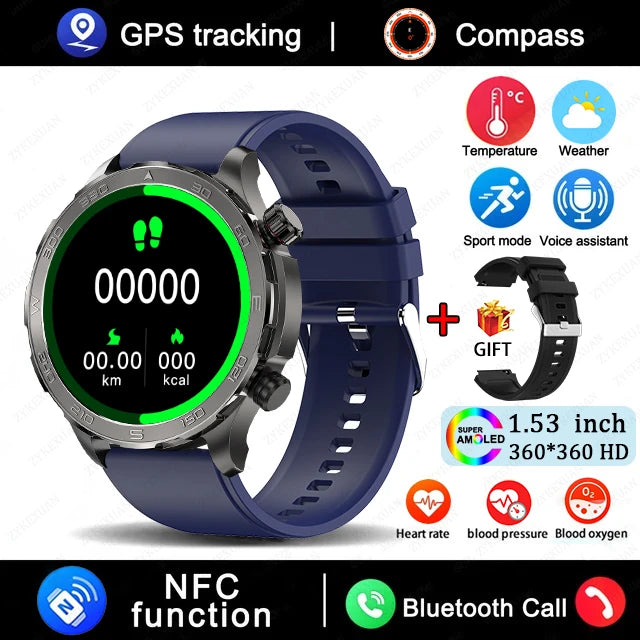 2025 New Bluetooth Call Smart Watch for Men – 1.53" AMOLED HD Screen, Heart Rate Monitor, NFC, GPS, IP68 Waterproof, Sports Smartwatch