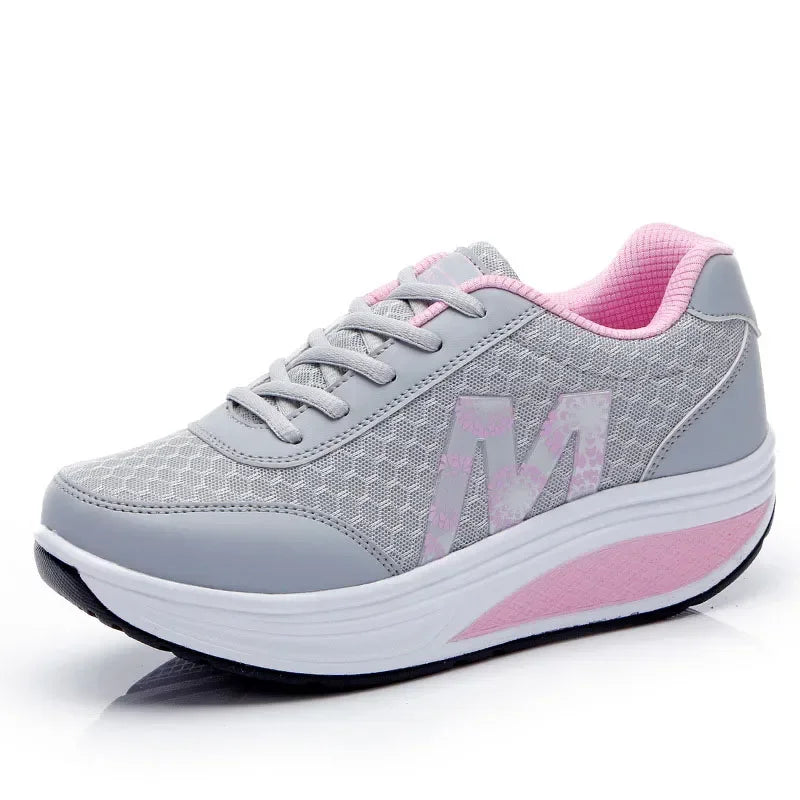 Women's Mesh Breathable Running Shoes – 2025 Fashion Lace-Up Wedge Platform Sneakers