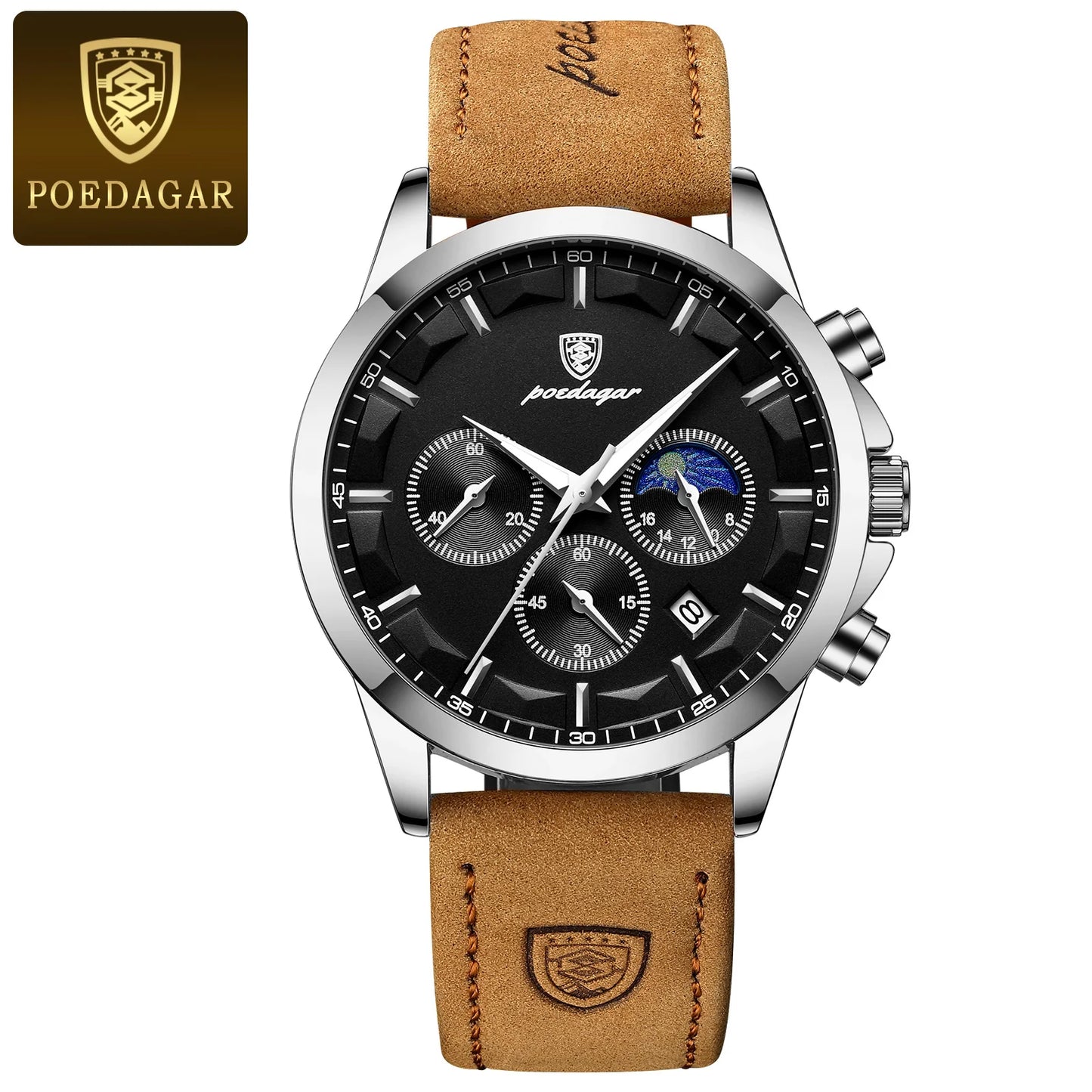 POEDAGAR Men's Luxury Sports Quartz Watch - Waterproof Chronograph with Luminous Hands & Leather Strap