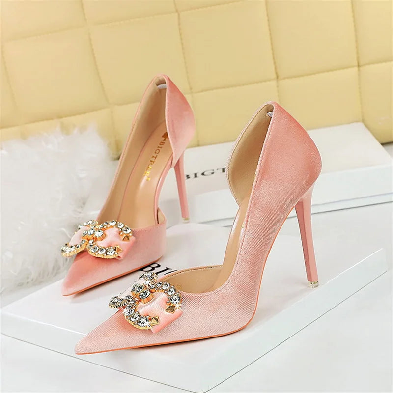 Fashion Women’s High Heel Rhinestone Buckle Bow Pumps – Velvet Green & Pink Pointed Toe, Elegant Wedding & Evening Shoes