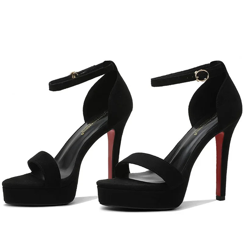 New Summer Women's 12cm High Heels – 2cm Platform Suede Black Sandals, Lady Stiletto Heels, Strappy Catwalk Fetish Shoes