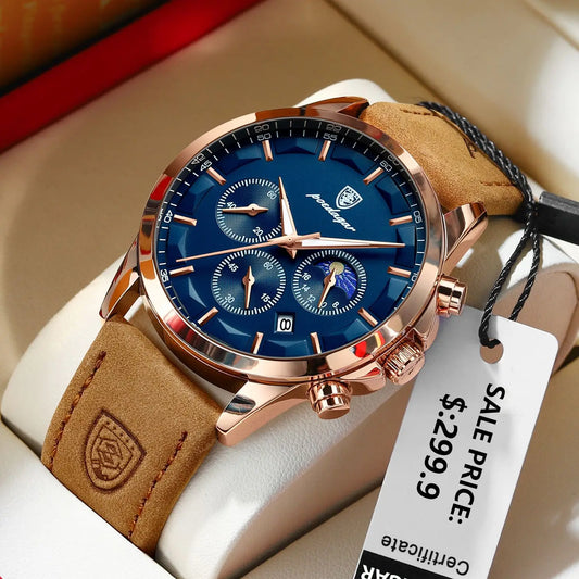 POEDAGAR Men's Luxury Sports Quartz Watch - Waterproof Chronograph with Luminous Hands & Leather Strap