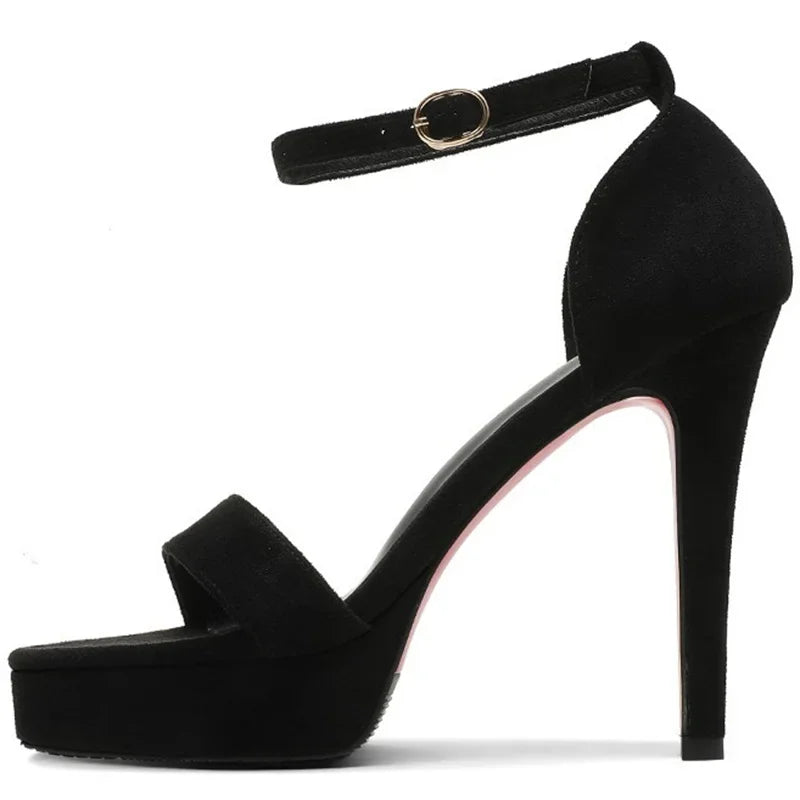 New Summer Women's 12cm High Heels – 2cm Platform Suede Black Sandals, Lady Stiletto Heels, Strappy Catwalk Fetish Shoes