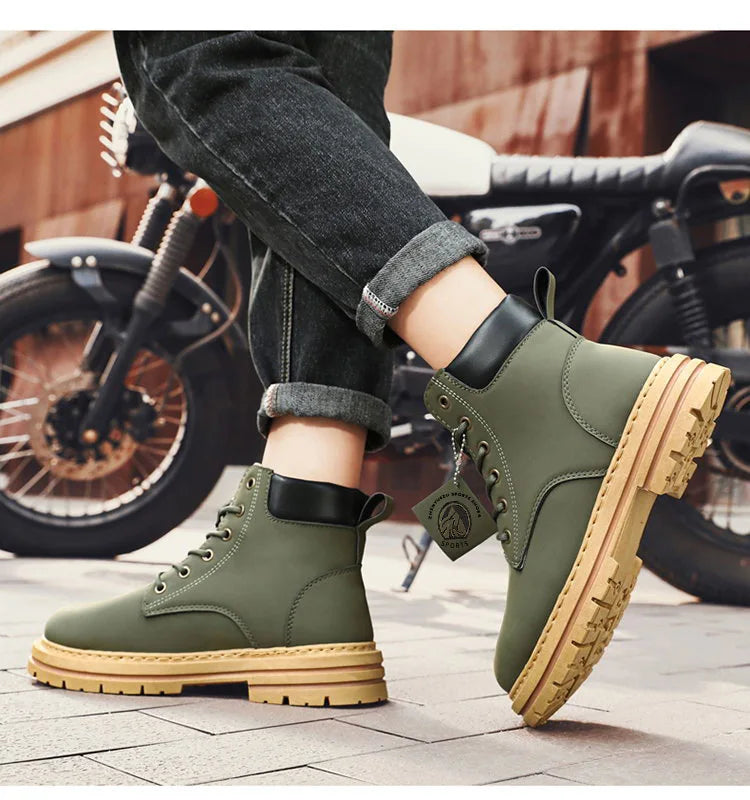 Men’s High-Top Leather Boots – Fashion Motorcycle Ankle Boots, Lace-Up Winter Boots for Men, Botas Hombre