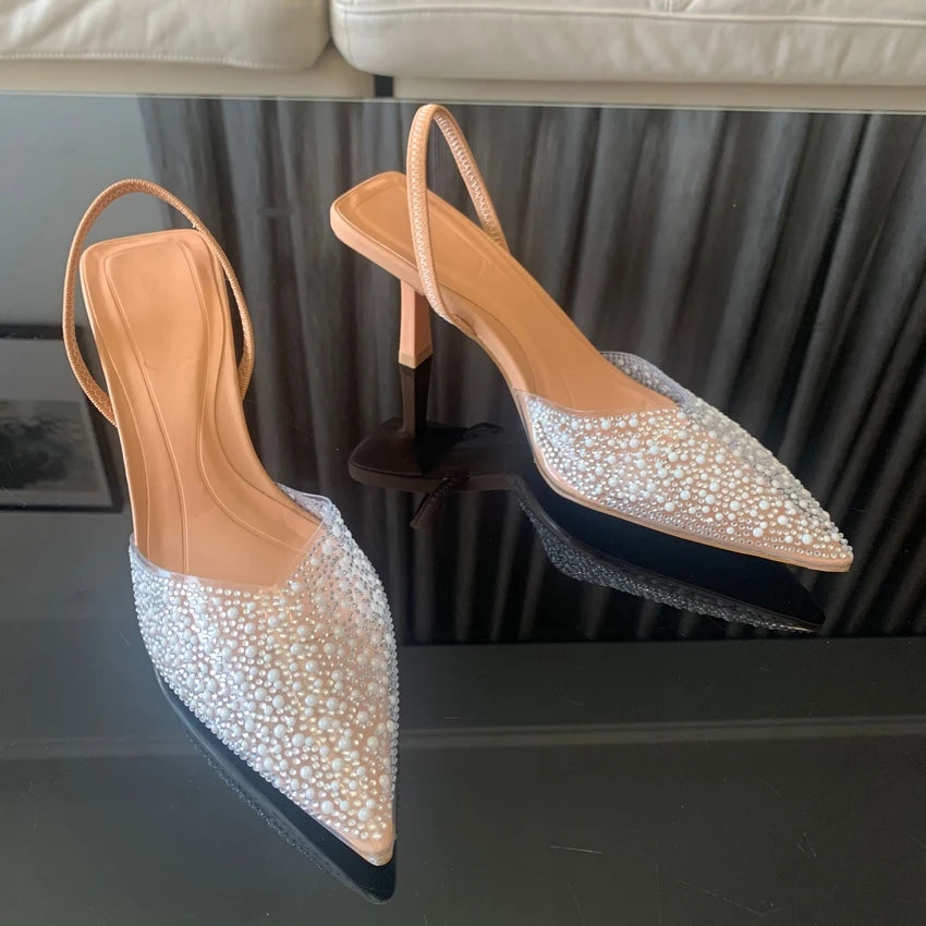 2025 Fashion Summer Women High Heels – Pearl Decoration Slingback Woman Pumps, Pointed Toe High Heels Sandals, Elegant Woman Shoes