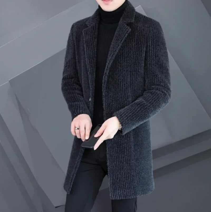 2024 High-end Feel Men Fashion Handsome All Woolen Coat Suit Collar Long Trench Coat Woolen Coat Thick Casual Winter Jacket Men