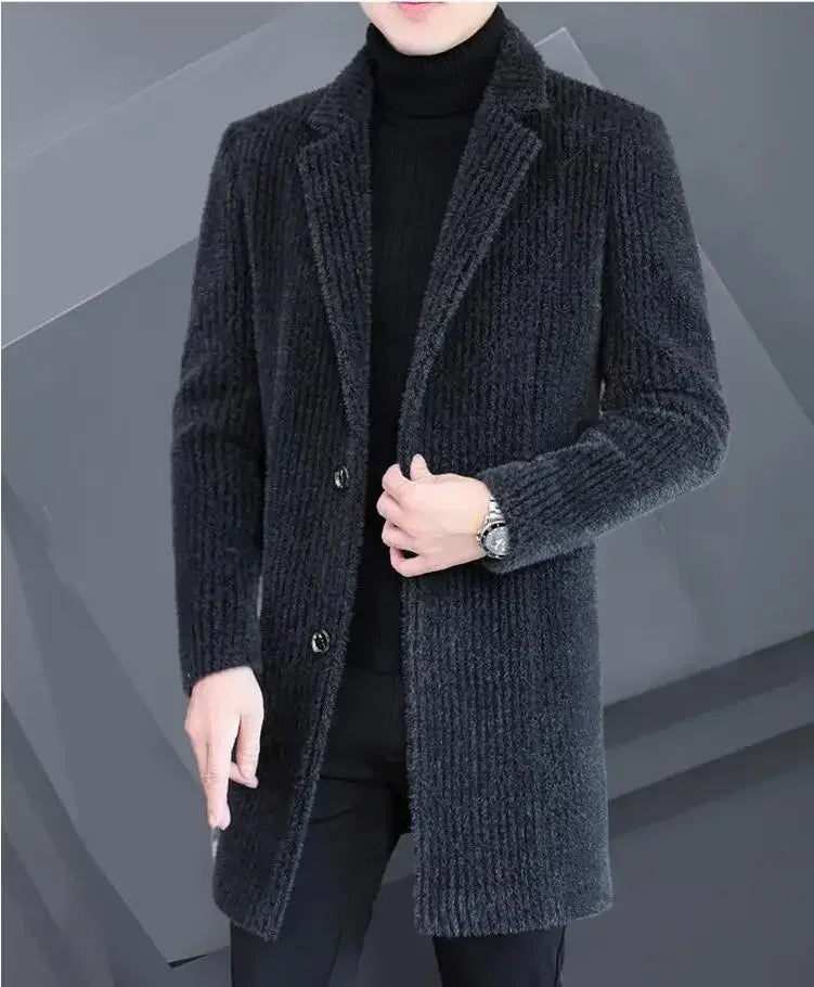 2024 High-end Feel Men Fashion Handsome All Woolen Coat Suit Collar Long Trench Coat Woolen Coat Thick Casual Winter Jacket Men