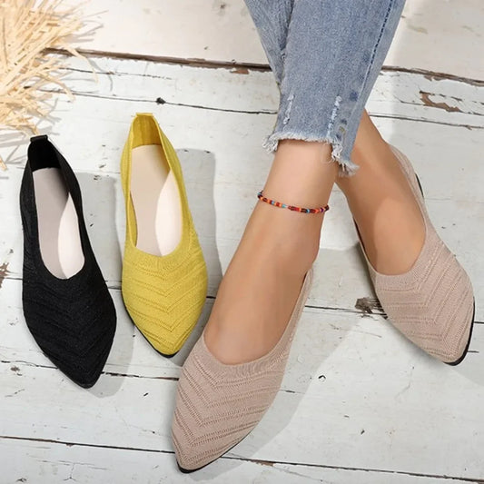 Women’s Pointed Toe Flat Shoes – Solid Color Knitted Slip-On Casual Breathable Ballet Flats