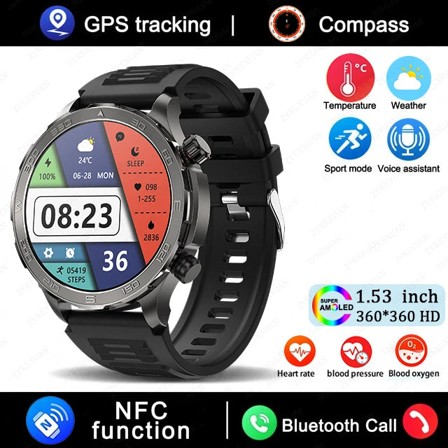 2025 New Bluetooth Call Smart Watch for Men – 1.53" AMOLED HD Screen, Heart Rate Monitor, NFC, GPS, IP68 Waterproof, Sports Smartwatch