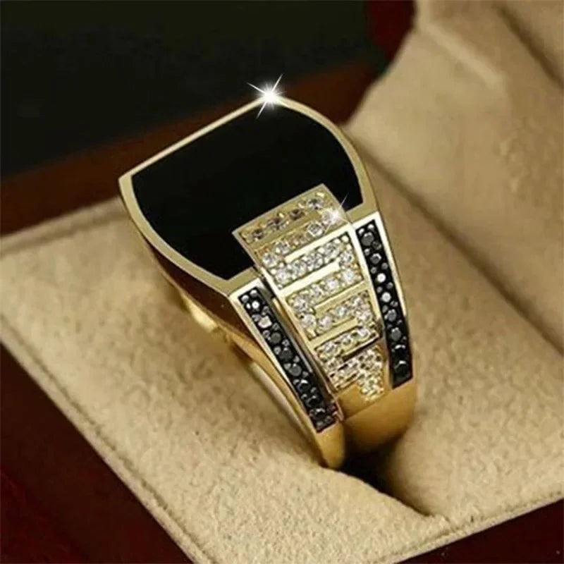 Classic Men's Gold-Tone Ring with Inlaid Black Zircon Stone – Punk Style Luxury Jewelry for Engagements, Weddings, and Fashion