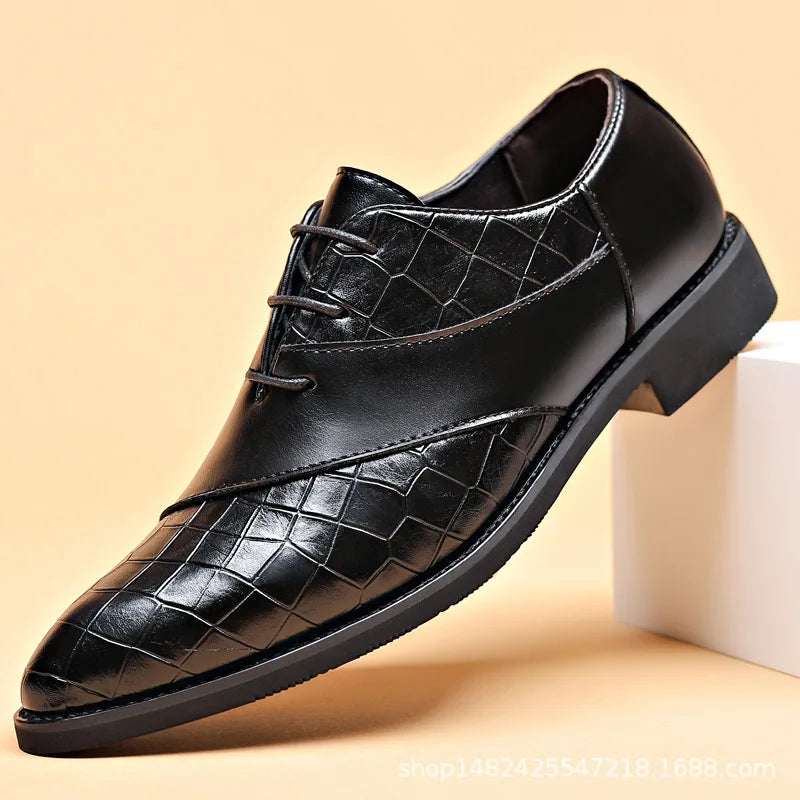 Luxury Leather Derby Shoes for Men – Pointed Toe Lace-Up Handmade Formal Business Footwear