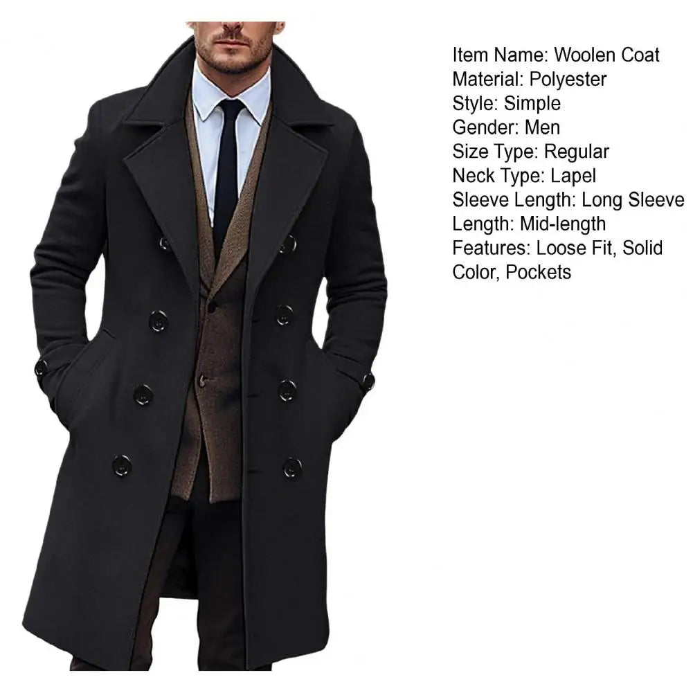 Men's Long Woolen Coat – Lapel Long Sleeve Solid Color Windbreaker with Pockets, Double Breasted Mid-Length Outwear