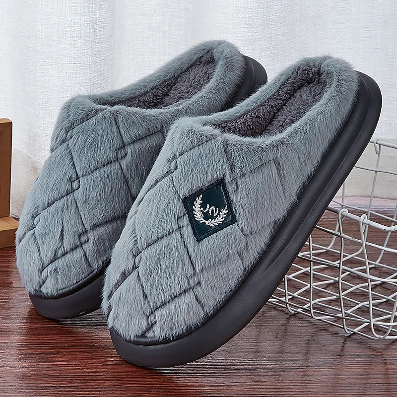 Men's Winter Furry Plaid House Slippers – Warm Plush, Non-Slip Memory Foam Indoor Shoes (Big Sizes Available)