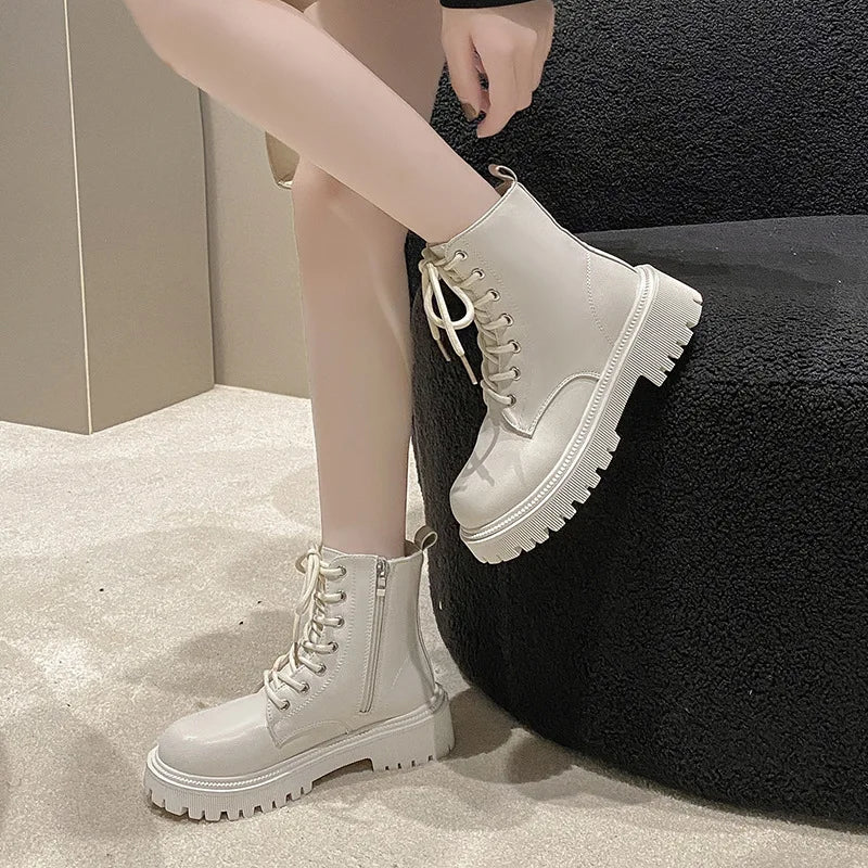 Women’s British Style Motorcycle Boots - Plush Thick Bottom Lace & Zipper Snow Boots for Autumn/Winter