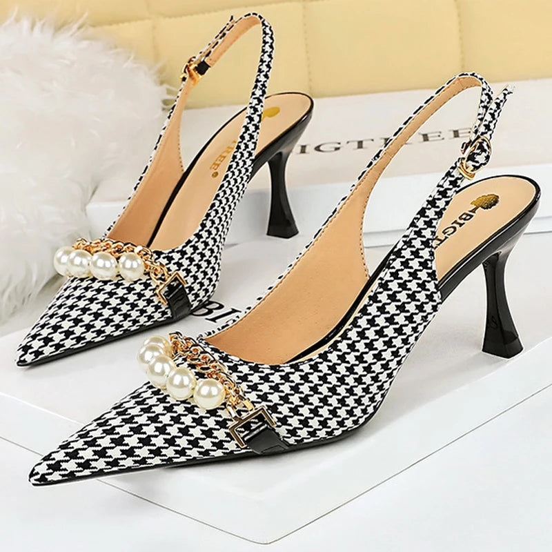 2025 Spring Women’s Pumps – Luxury Pearl & Metal Chain Stilettos with Checked Grain, High Heels Banquet Shoes for Women (Size 43)