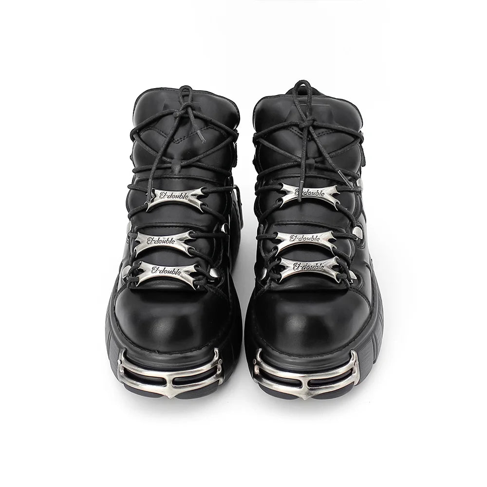 2025 New Punk Style Women's Lace-Up Platform Shoes - 6CM Heel with Metal Decor Rock Boots