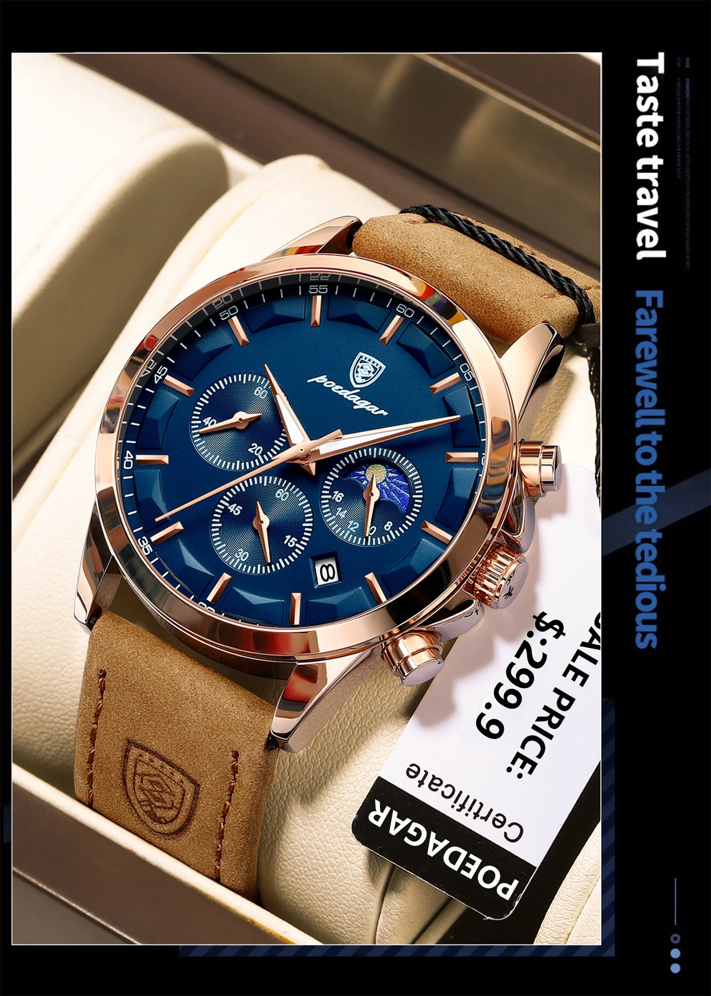 POEDAGAR Men's Luxury Sports Quartz Watch - Waterproof Chronograph with Luminous Hands & Leather Strap