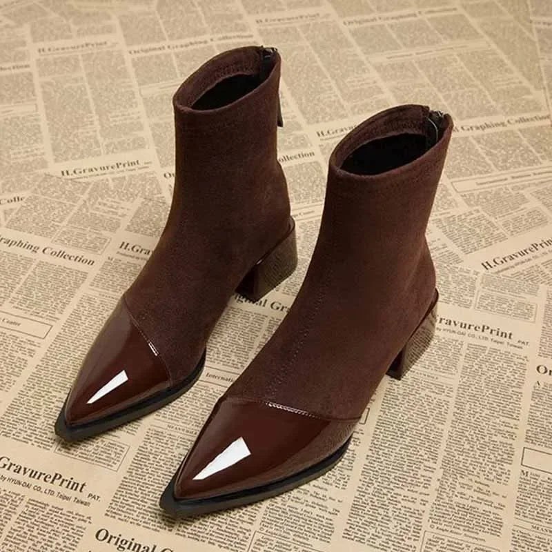 Women's Chunky Mid-Heel Ankle Boots - 2025 Trend Suede Pointed Toe Chelsea Boots