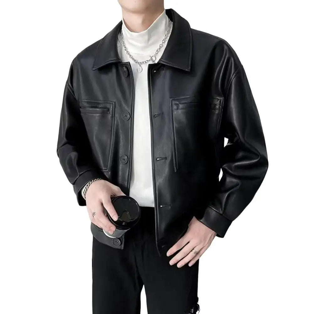 Men's Leather Biker Bomber Jacket – Smooth PU Motorcycle Jacket, Soft Texture Aviator Coat for Autumn