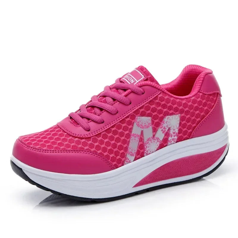 Women's Mesh Breathable Running Shoes – 2025 Fashion Lace-Up Wedge Platform Sneakers