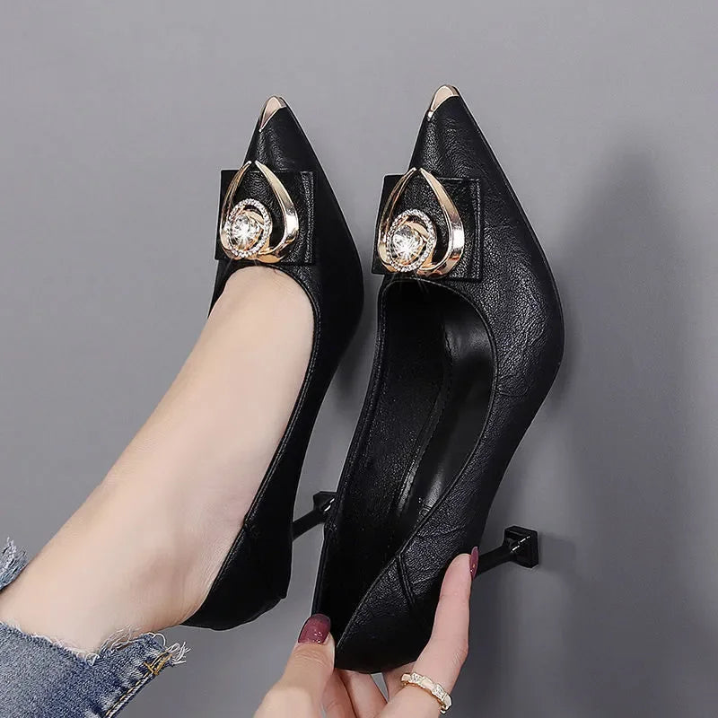 Female Black High Quality Pointed Toe Slip-On High Heel Shoes – Women Casual Comfort Stylish Spring & Summer Party Heels E5973