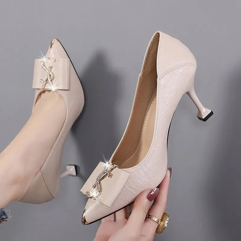 Female Black High Quality Pointed Toe Slip-On High Heel Shoes – Women Casual Comfort Stylish Spring & Summer Party Heels E5973