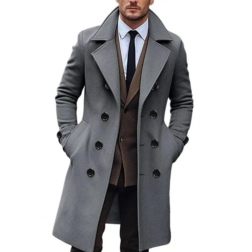 Men's Long Woolen Coat – Lapel Long Sleeve Solid Color Windbreaker with Pockets, Double Breasted Mid-Length Outwear