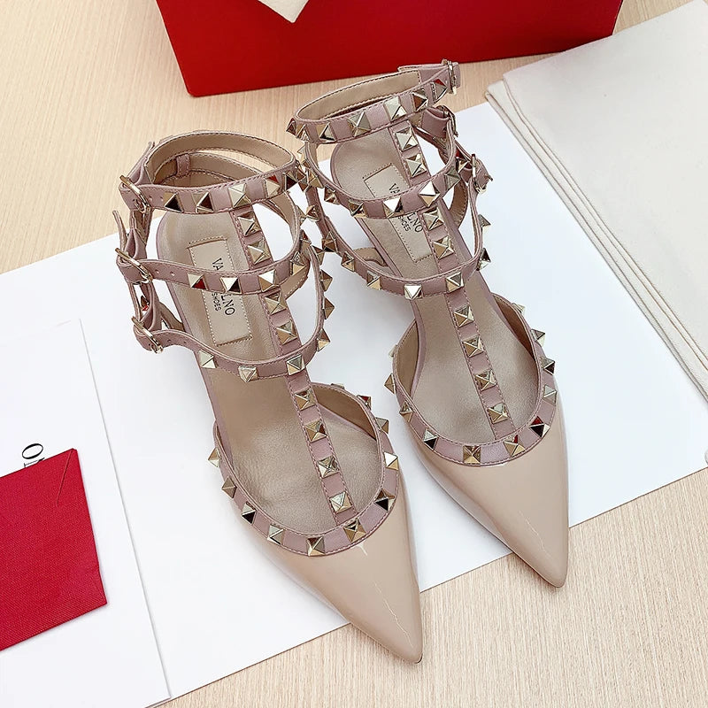 Luxury Women’s Heeled Sandals – 2024 Summer Gladiator Sandals with Rivet Details, Pointed Toe High Heel Designer Party Shoes