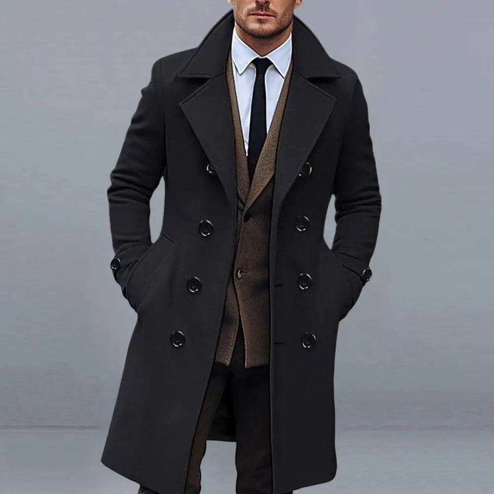 Men's Long Woolen Coat – Lapel Long Sleeve Solid Color Windbreaker with Pockets, Double Breasted Mid-Length Outwear