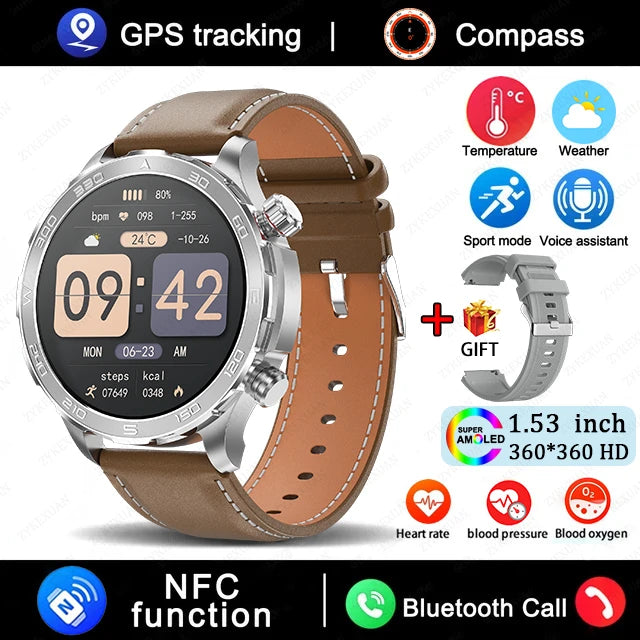 2025 New Bluetooth Call Smart Watch for Men – 1.53" AMOLED HD Screen, Heart Rate Monitor, NFC, GPS, IP68 Waterproof, Sports Smartwatch