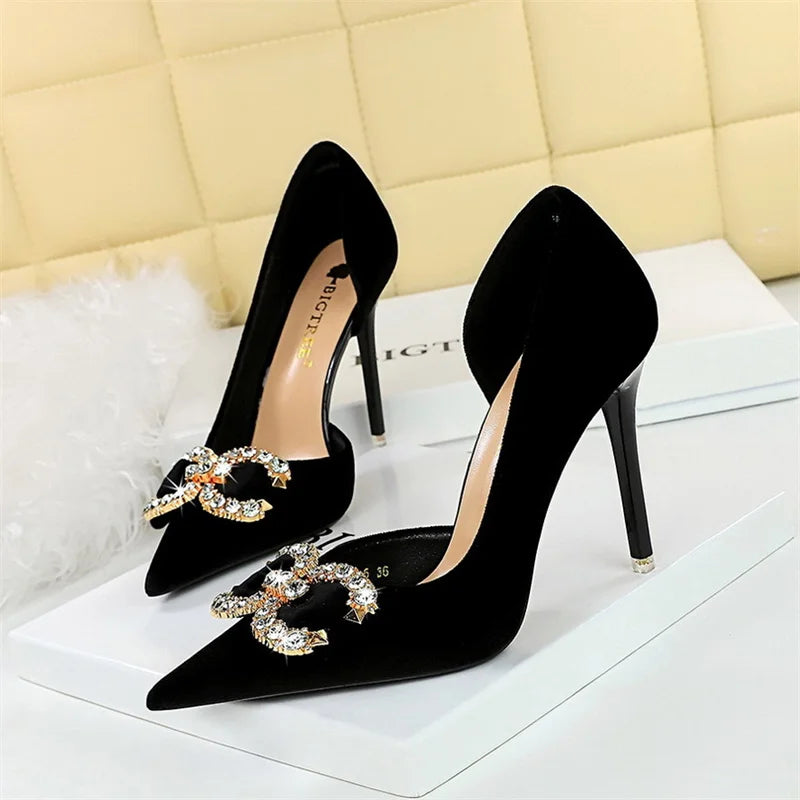 Fashion Women’s High Heel Rhinestone Buckle Bow Pumps – Velvet Green & Pink Pointed Toe, Elegant Wedding & Evening Shoes