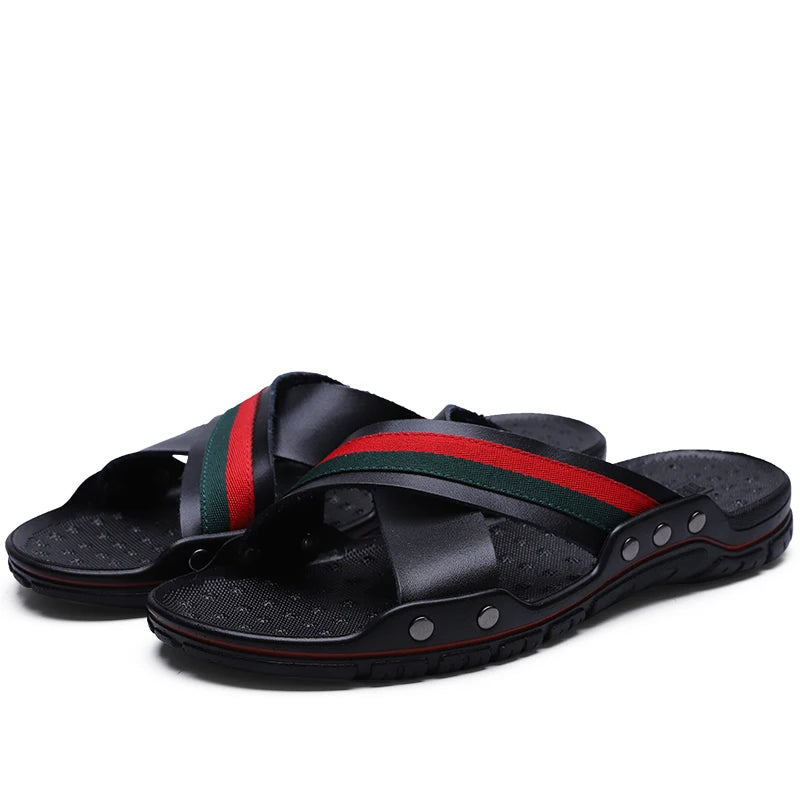 Men's Luxury Leather Sandals – 2024 Fashion Non-Slip Casual Flats & Beach Slippers