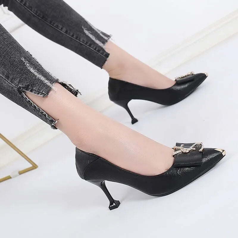 Female Black High Quality Pointed Toe Slip-On High Heel Shoes – Women Casual Comfort Stylish Spring & Summer Party Heels E5973