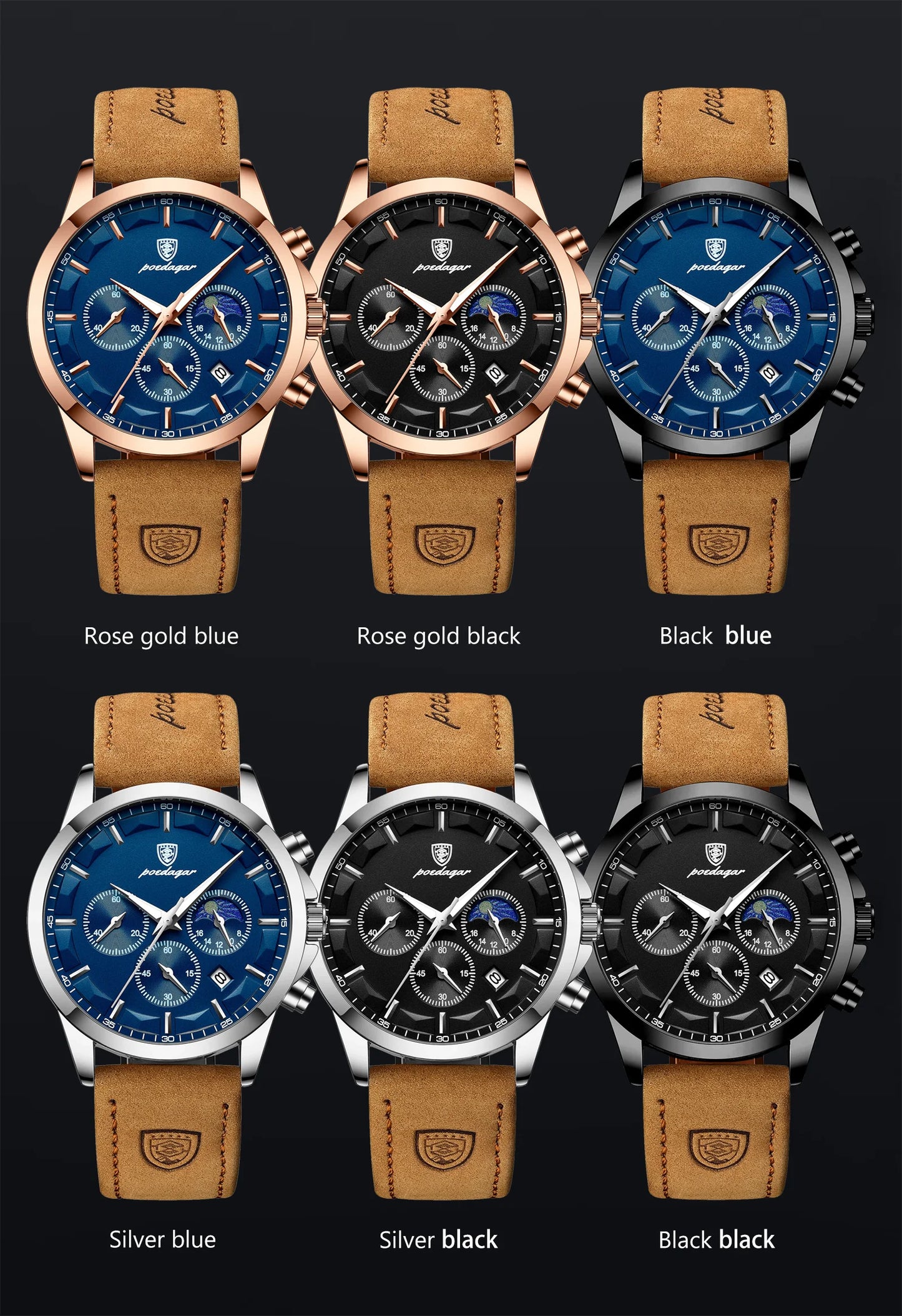 POEDAGAR Men's Luxury Sports Quartz Watch - Waterproof Chronograph with Luminous Hands & Leather Strap