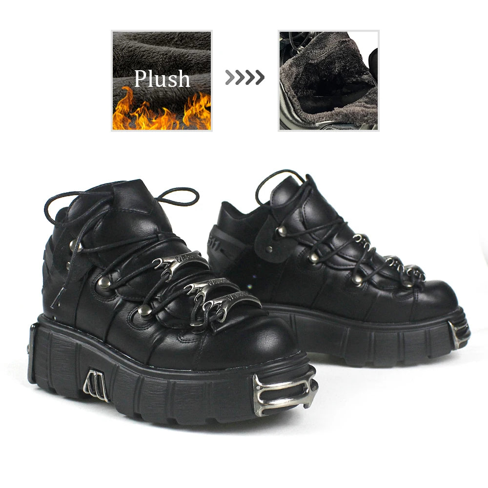 2025 New Punk Style Women's Lace-Up Platform Shoes - 6CM Heel with Metal Decor Rock Boots