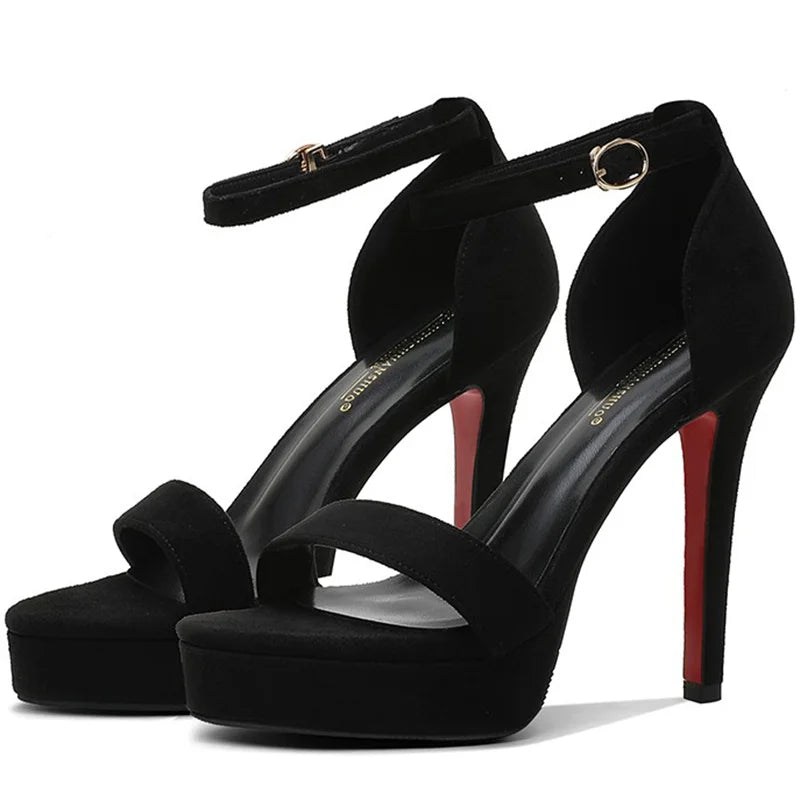 New Summer Women's 12cm High Heels – 2cm Platform Suede Black Sandals, Lady Stiletto Heels, Strappy Catwalk Fetish Shoes