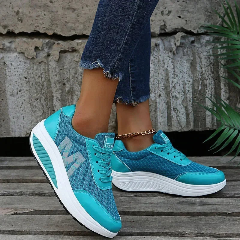 Women's Mesh Breathable Running Shoes – 2025 Fashion Lace-Up Wedge Platform Sneakers