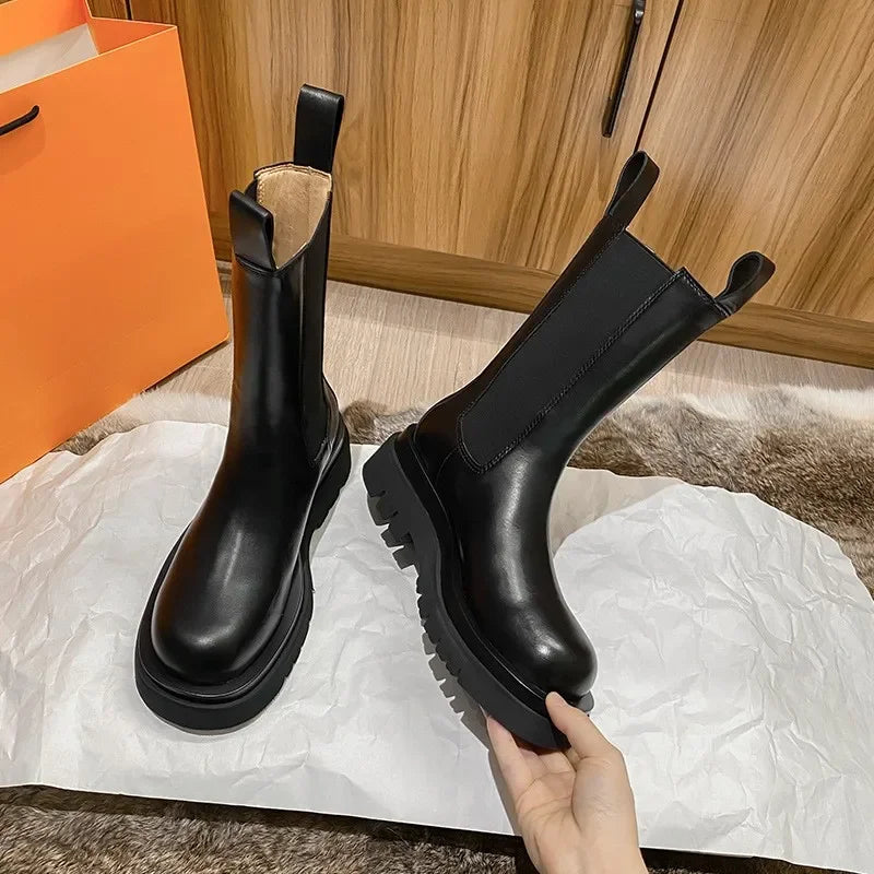 Classic Women's Black Chelsea Boots - Genuine Leather Ankle Boots with Platform & Elastic Band