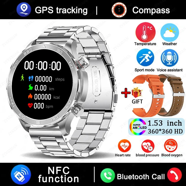 2025 New Bluetooth Call Smart Watch for Men – 1.53" AMOLED HD Screen, Heart Rate Monitor, NFC, GPS, IP68 Waterproof, Sports Smartwatch