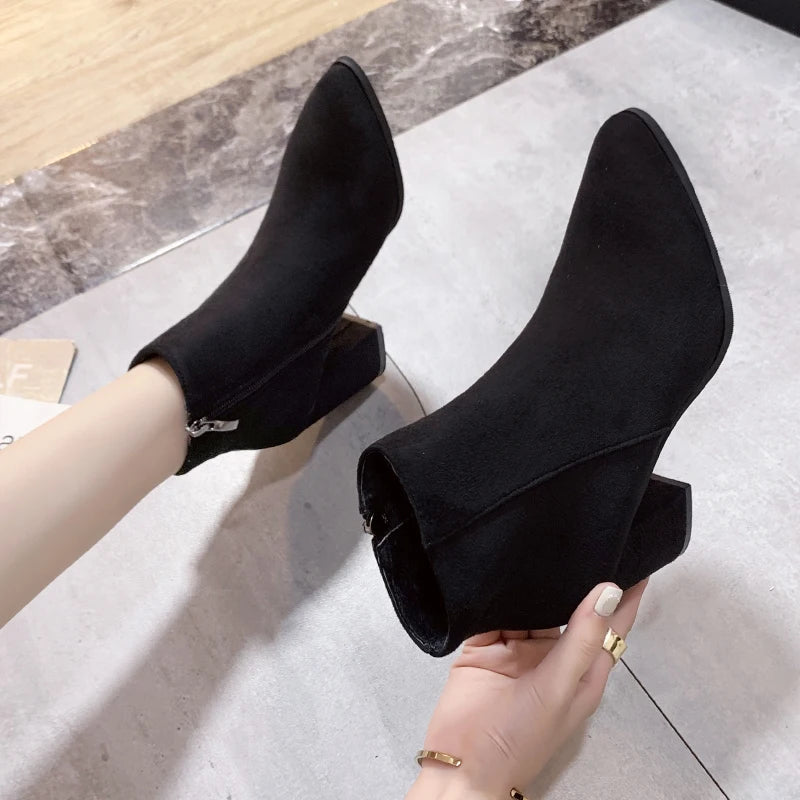 2025 Women's Pointed Toe Short Boots - Thick Heel Side Zipper Bare Boots