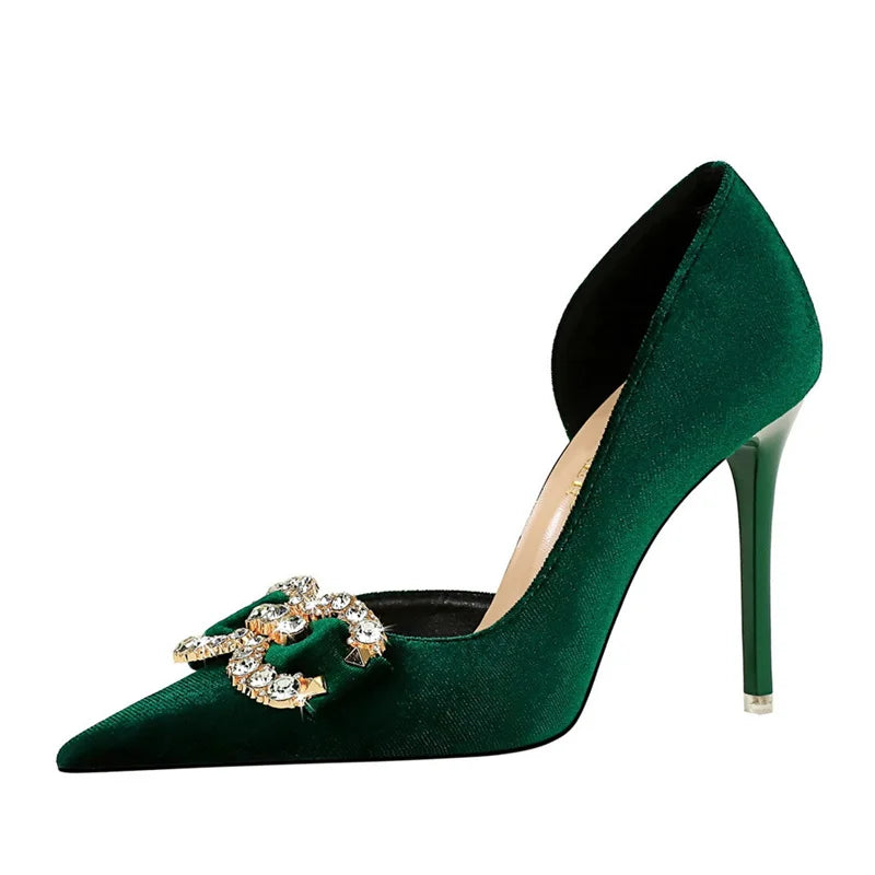 Fashion Women’s High Heel Rhinestone Buckle Bow Pumps – Velvet Green & Pink Pointed Toe, Elegant Wedding & Evening Shoes