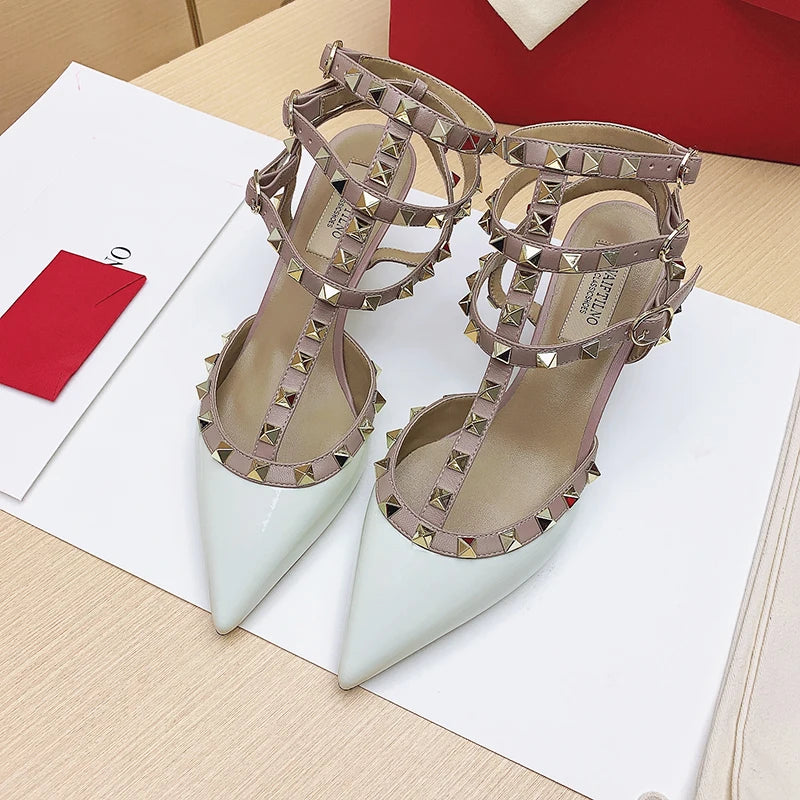 Luxury Women’s Heeled Sandals – 2024 Summer Gladiator Sandals with Rivet Details, Pointed Toe High Heel Designer Party Shoes