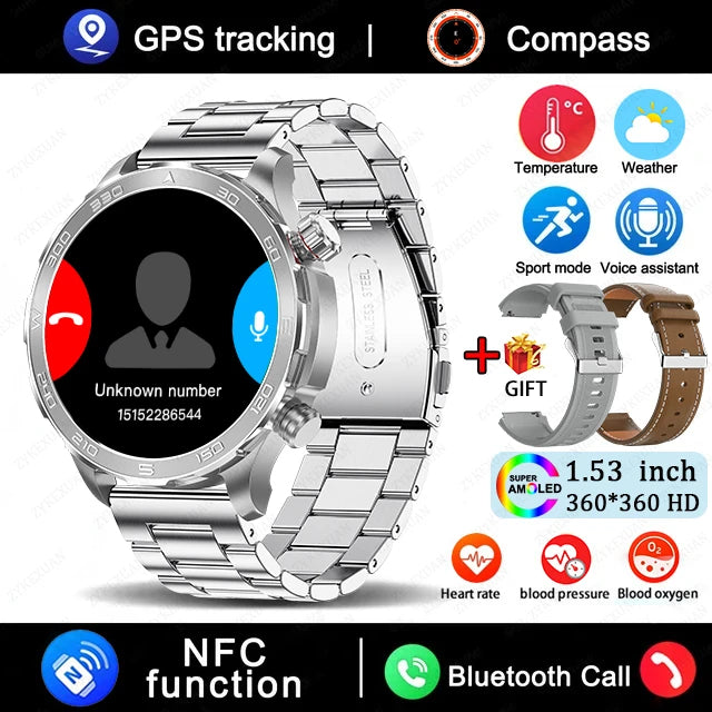 2025 New Bluetooth Call Smart Watch for Men – 1.53" AMOLED HD Screen, Heart Rate Monitor, NFC, GPS, IP68 Waterproof, Sports Smartwatch