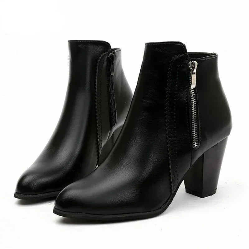 2025 Women’s High-Heel PU Leather Ankle Boots - 8cm Side Zipper Short Boots