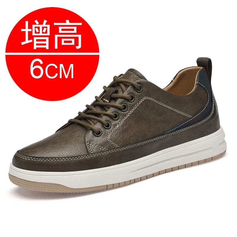 Men's Leather Elevator Shoes – Casual Sneakers with 6cm-8cm Heightening Insoles for Added Comfort