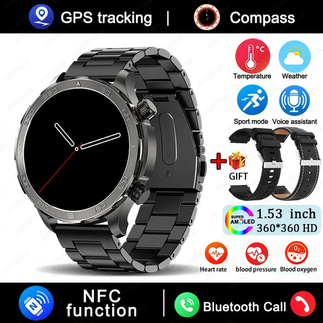 2025 New Bluetooth Call Smart Watch for Men – 1.53" AMOLED HD Screen, Heart Rate Monitor, NFC, GPS, IP68 Waterproof, Sports Smartwatch